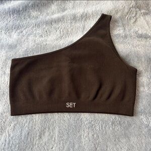 SET Active One-Shoulder Ribbed Crop Top in Brown